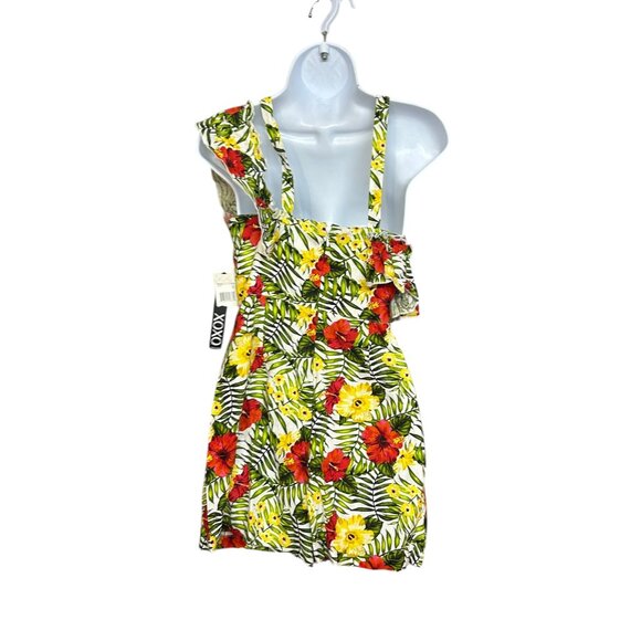 XOXO Womens Romper Size S Tropical Floral Linen Blend  Off Shoulder Ruffle - Picture 2 of 7